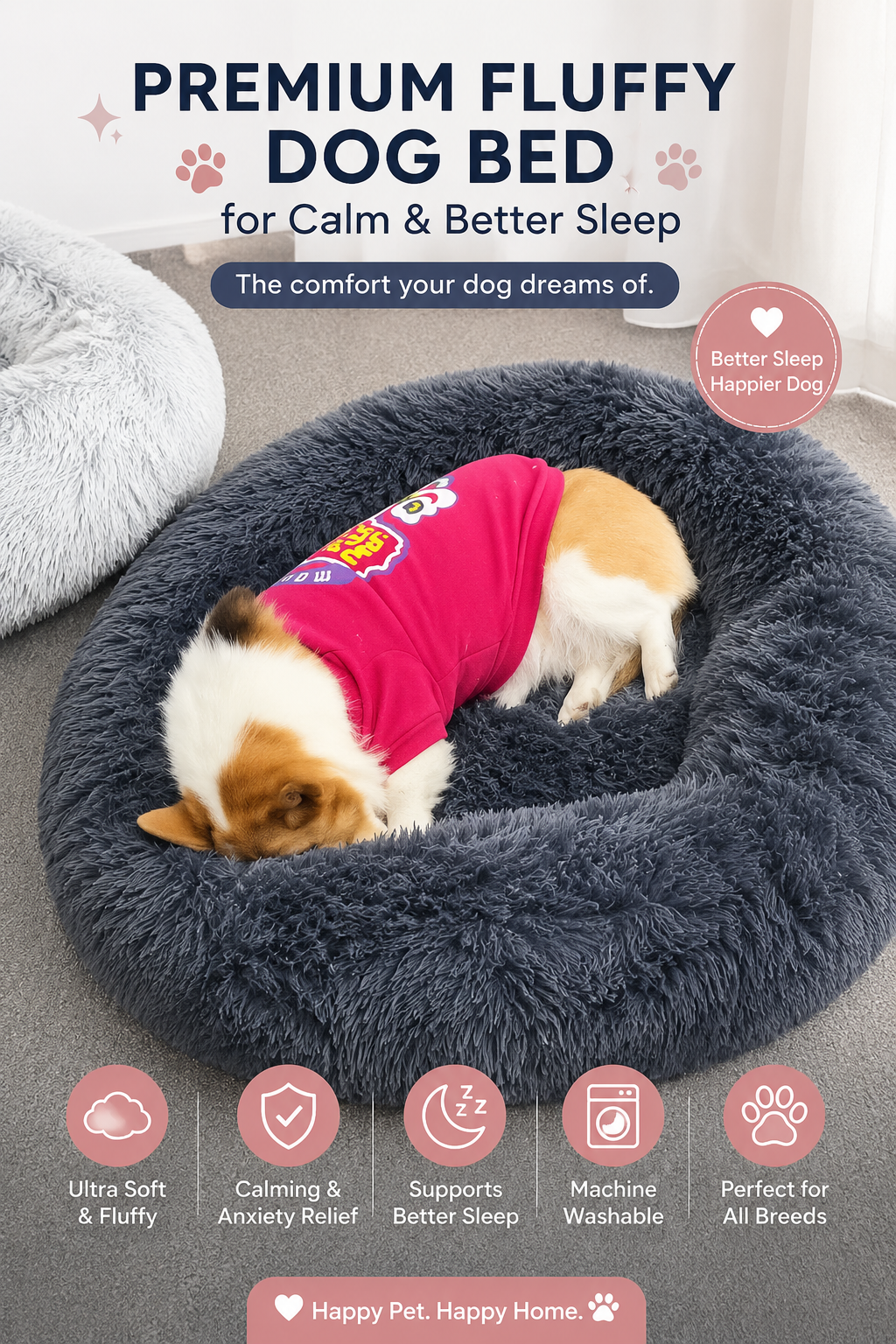 Premium Fluffy Dog Bed for Calm & Better Sleep
