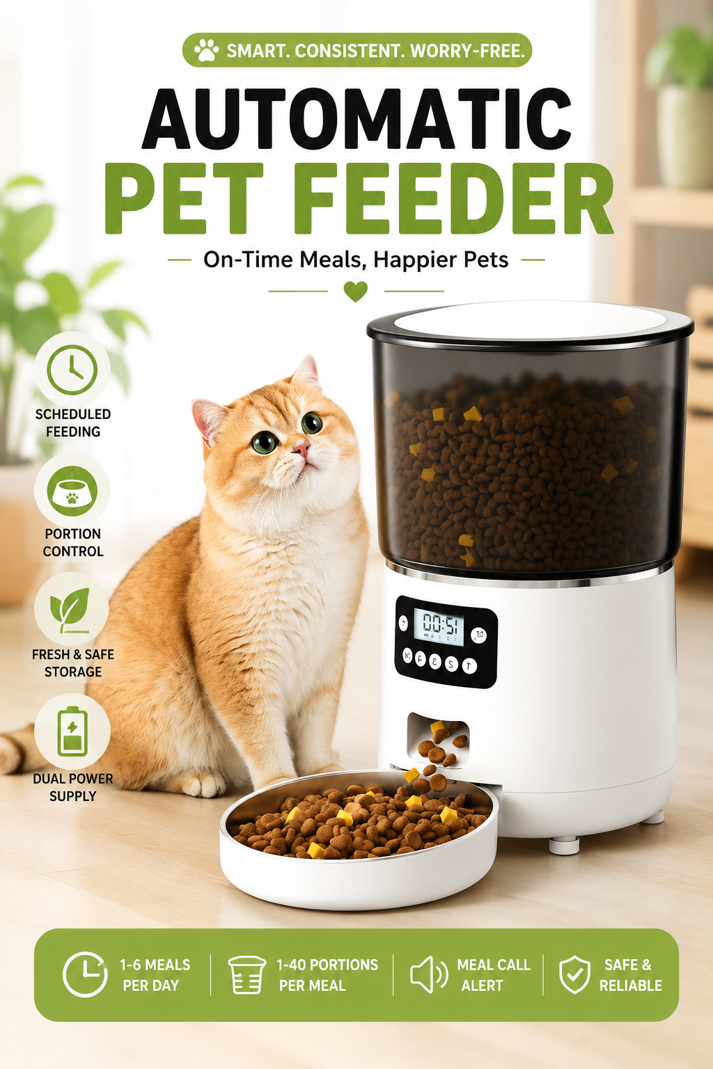 Smart Timed Pet Feeder 4L – Remote Feeding & Portion Control for Cats and Dogs