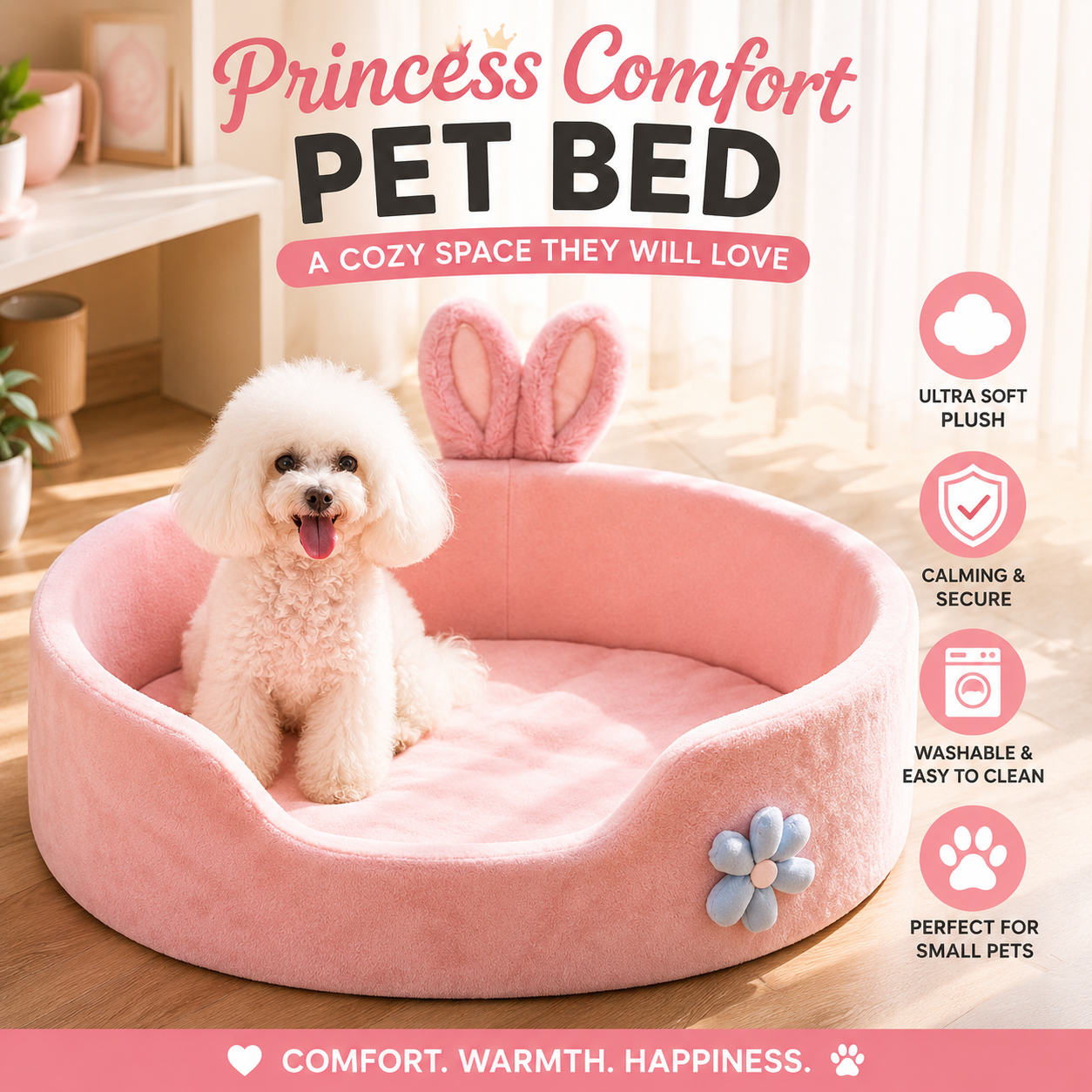 Luxury Princess Pet Bed for Dogs & Cats – Soft Plush Rabbit Ear Sleeping Bed