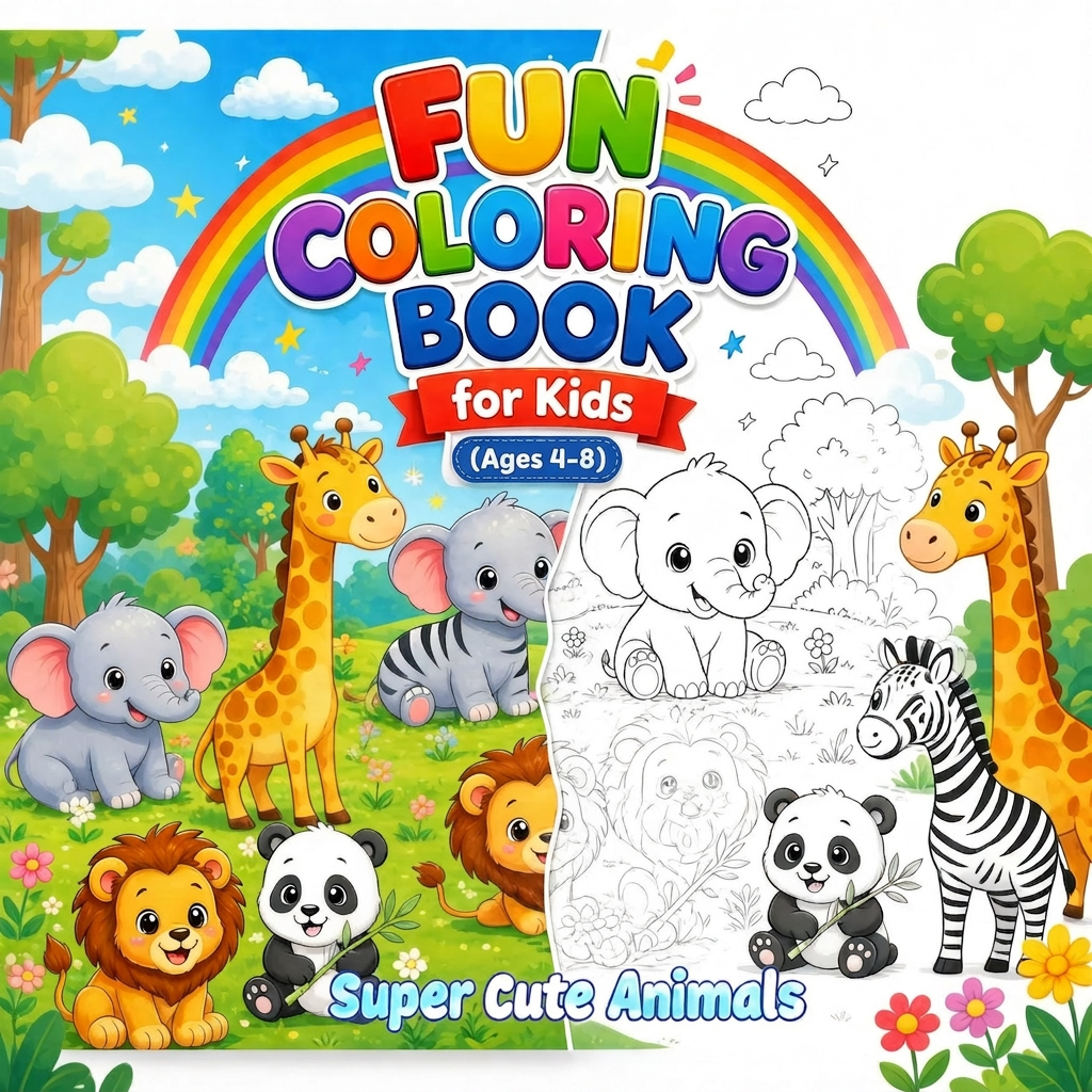Fun Coloring Book for Kids Ages 4-8 | 25 Cute Animals | Printable PDF | Instant Download